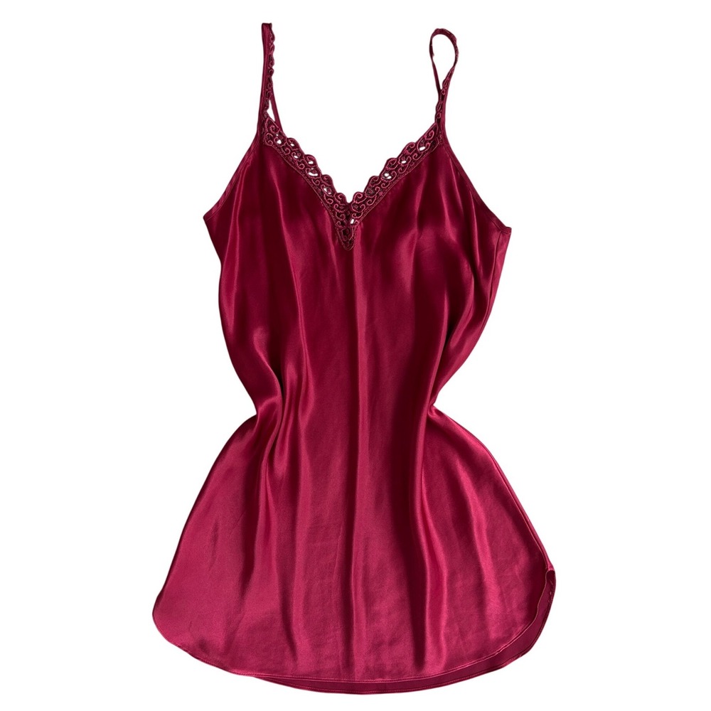 Vintage 80s Burgundy Satin Lace‎ Trim Slip babydoll Nightgown Chemise Dress